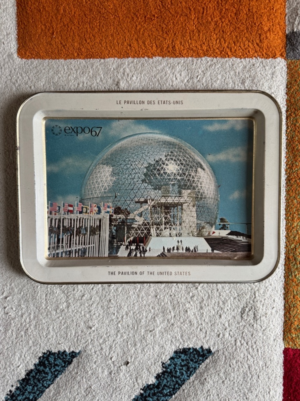 Expo67 Pavilion Metal Tray Art - White Tray with Blue Print